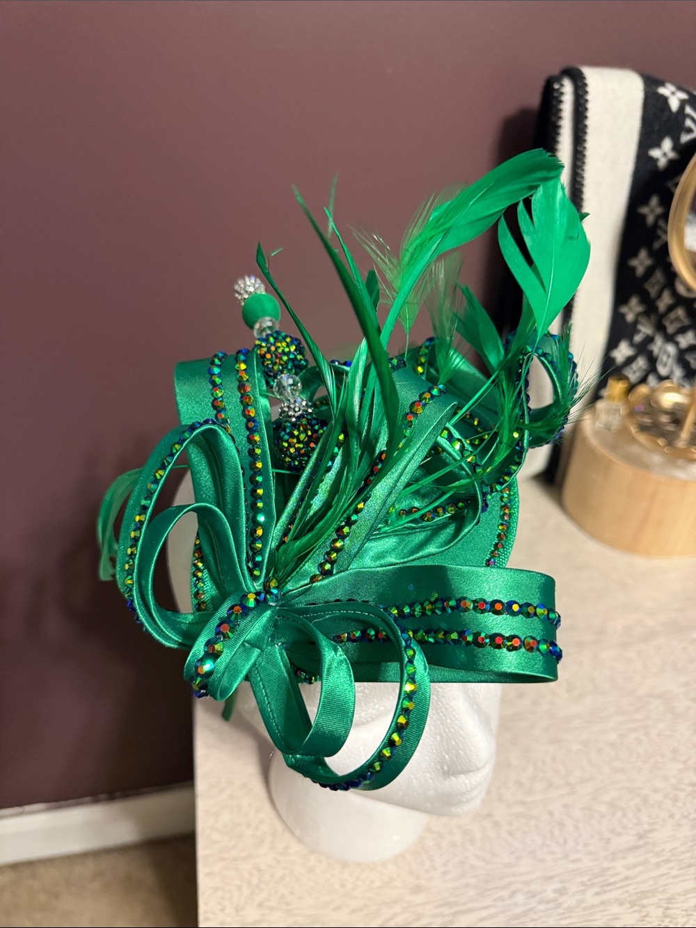 Custom Made Green Satin Feathered Fascinator With Hat Pin Multicolor Rhinestones